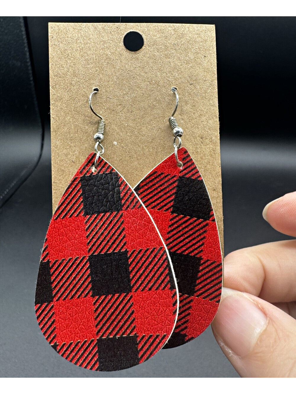 Red Black Buffalo Plaid Teardrop Faux Leather Dangle Earrings Christmas